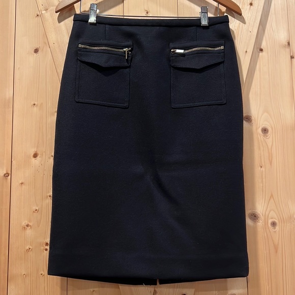 J. Crew Black Wool Skirt Patch Pocket Zipper Pencil Academia High Waist Size 4